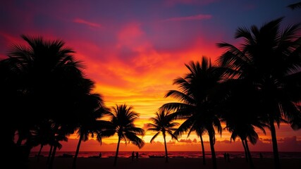 Obraz premium Silhouettes of palm trees stand tall against a vibrant tropical sunset, casting long shadows on the sandy beach as the sun dips below the horizon.
