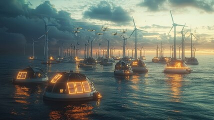 A sprawling ocean covered in floating wind turbines and wave energy converters glowing with LED indicators. Small automated ships navigate between the structures under a sky filled with drones 
