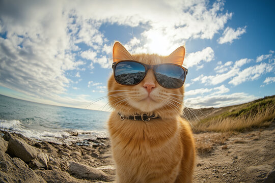 Low-angle shot of an orange cat wearing sunglasses on the beach