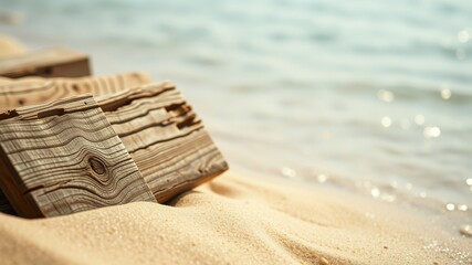 Weathered Wooden Planks Resting on a Sandy Beach, Bathed in the Gentle Glow of Sunlight