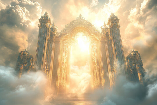 An ethereal gateway to heaven with intricate carvings and shimmering golden hues