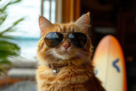 An orange cat wearing round sunglasses and a Hawaiian shirt on the beach