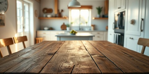 Fototapeta premium A wooden table with a blurred background of a kitchen with white cabinets, a window, and shelves