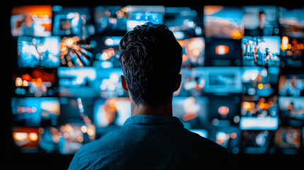 Person watching multiple digital screens, showcasing modern technology and multimedia interaction in a dimly lit room.