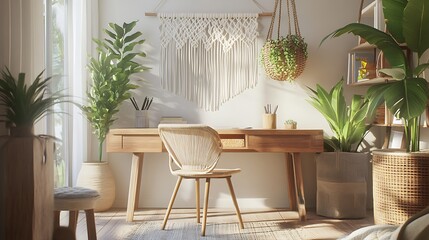 Obraz premium Sunlit minimalist home office with wooden desk, chair, plants, and wall hanging.