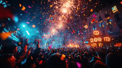 Fototapeta premium A vibrant New Year’s Eve party with fireworks lighting up the night sky and a crowd cheering in the streets. Colorful confetti rains down as glowing countdown clocks project onto nearby buildings. 