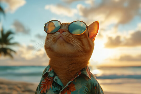 An orange cat wearing round sunglasses and a Hawaiian shirt on the beach