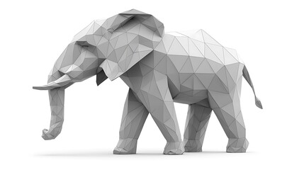 A low-poly elephant sculpture in grayscale, showcasing geometric design and artistic style.