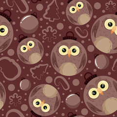 christmas or new year seamless pattern with new year balls with brown owl design and other new year decorations on a brown background, for festive textiles, posters or banners