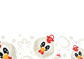christmas or new year horizontal posters with round baubles and different christmas toys with white rooster design, for different holiday ads and banners