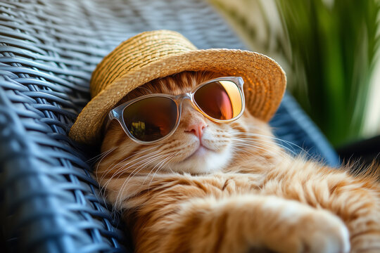 An orange cat wearing sunglasses and a straw hat lounging on a sunbed