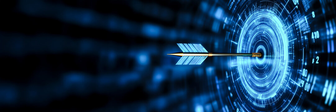 Digital arrow hitting a glowing blue target symbolizing precision and success in technology. Futuristic design with blue tones.