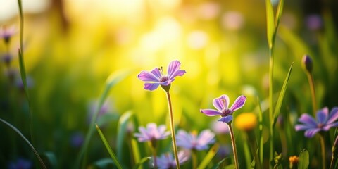 Obraz premium Delicate Purple Flowers in a Meadow with a Soft Golden Glow of Sunset
