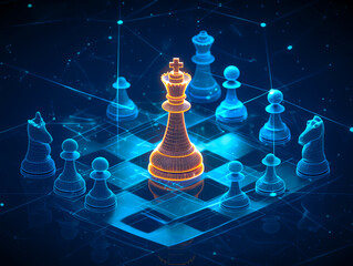 Futuristic digital chessboard with glowing pieces, highlighting the king in a strategic setup. A blend of technology and strategy.