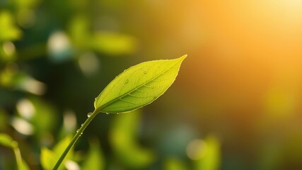 A single green leaf with water droplets glistening in the warm glow of the setting sun