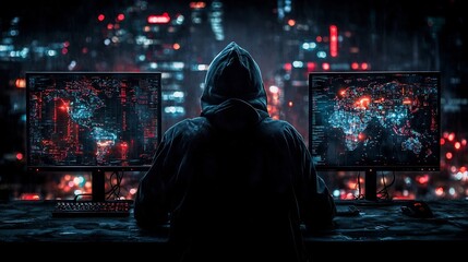 Hacker Accessing Global Security Systems in Dimly Lit Cyber Crime Lair