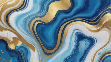 Marble abstract acrylic background. Blue marbling artwork texture. Agate ripple pattern. Gold powder.