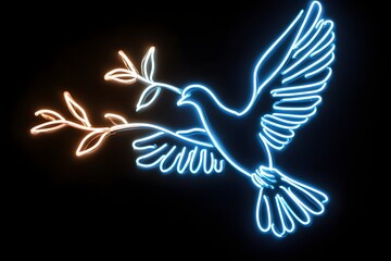 A neon silhouette of a peaceful dove with an olive branch at a candlelight vigil, set against a black background.