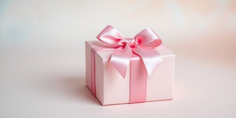 Fototapeta premium A delicate pink gift box tied with a satin ribbon, showcasing a minimalist and elegant presentation.