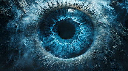 Captivating blue eye detail abstract nature digital art mystical environment close-up view vision and perception concept
