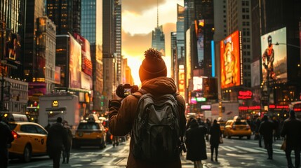 Obraz premium Photographer in Times Square at Sunset