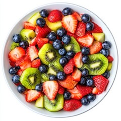 Obraz premium A fresh fruit salad with strawberries, blueberries, and kiwi slices