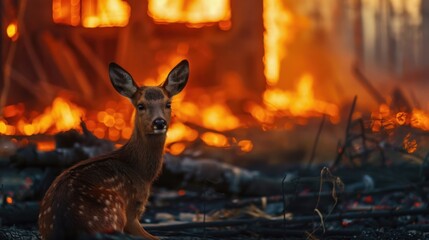 A young deer searches for its mother in a fire-scarred landscape.Environmental Disaster.