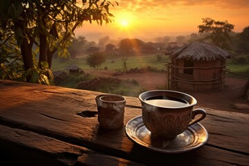 Morning Brew: Capture a close-up of a hot coffee or tea with a rustic village sunrise in the background.