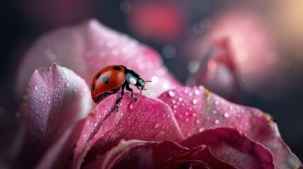 Ladybug on a dewy rose in sunlight.