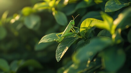 Green Grasshopper Perched on Lush Green Foliage