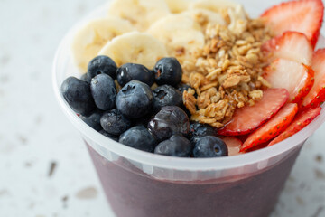 A closeup view of an acai bowl.