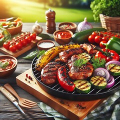 Barbecue of delicious fried meat and vegetables on the grill outdoors. Sunny day, blurred background.
