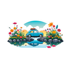 illustration of car near river surrounded by colorful flowers on white background.