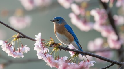 Bluebird perched on a cherry blossom branch.
