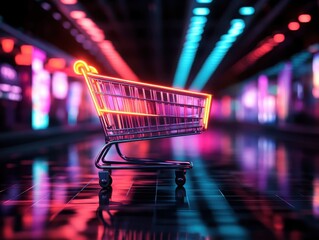 A neon-lit shopping cart stands in a vibrant, futuristic space, representing modern consumerism and retail innovation.