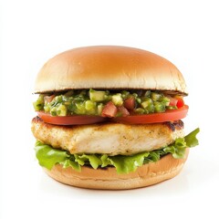 A gourmet chicken burger with avocado salsa and Monterey Jack cheese, isolated white background,...