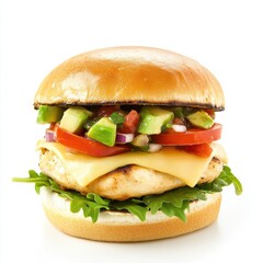 A gourmet chicken burger with avocado salsa and pepper jack cheese, isolated white background, pop...