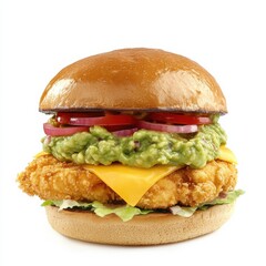 A gourmet chicken burger with guacamole and Monterey Jack cheese, isolated white background, pop...