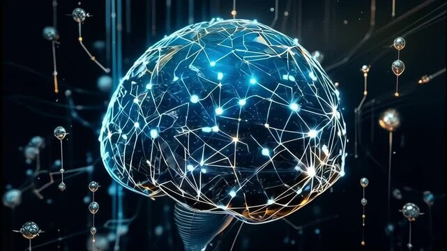 Abstract digital brain with connected lines and dots, representing neural network or artificial intelligence background.
