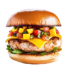 A gourmet chicken burger with mango salsa and Monterey Jack cheese, isolated white background, pop...