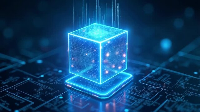 Futuristic technology cube hologram digital data internet connectivity, Cyber tech background, High Tech data flow