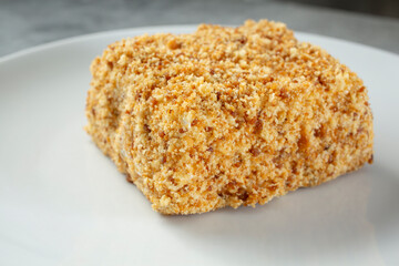 A closeup view of a small Russian honey cake.