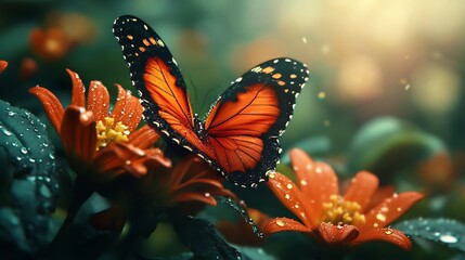 Orange Butterfly on Dew Covered Flowers