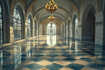 Fototapeta premium Elegant and Spacious Hallway with Marble Floor, Arched Windows, Chandelier Lighting, and Luxurious Architectural Details in a Grand Interior Setting