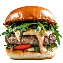 A gourmet lamb burger with harissa mayo and arugula, isolated white background, pop art style