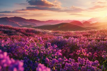 Obraz premium Purple Wildflowers Blooming on a Mountainside at Sunset
