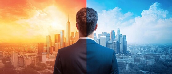 Business decision-making process urban cityscape concept art daytime perspective duality of choices and opportunities