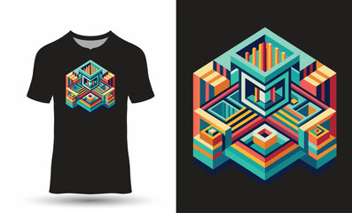 t-shart with colorful geometric isometric background template.