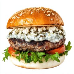 A gourmet lamb burger with tzatziki sauce and crumbled feta cheese, isolated white background, pop...