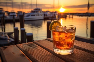 Harbor Refreshment: Feature a nautical-themed drink with a seaside village harbor in the background.